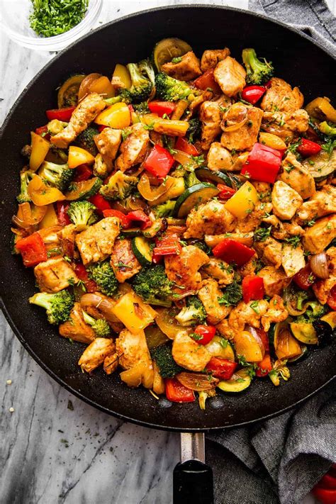 Skillet chicken with summer vegetables is a one.